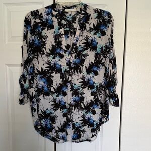 Woven Floral Print Women's Blouse - Blue/Black